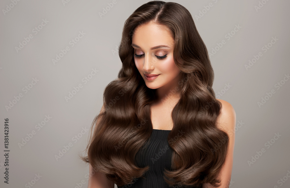 Brunette girl with long and shiny soft wavy hair . Beautiful model ...