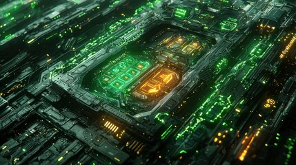 Poster - Futuristic Tech Circuitry: Glowing Green and Orange Digital Landscape