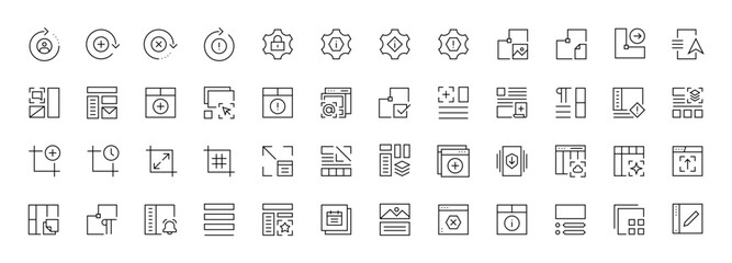 Leinwandbilder - Interface and layout  icon set. UI/UX basic outline icons collection. User interface, essential, interface components, setting, canvas, generate and more. Editable stroke. Pixel perfect.