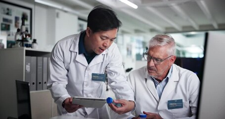 Poster - Tablet, scientist and people with sample, lab and quality control for drug research and innovation. Healthcare, colleagues and medical trial of treatment in clinic, computer and pharmaceutical