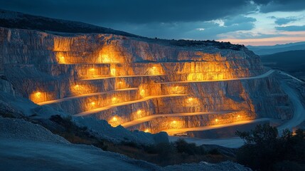 Poster - A spectacular view of a quarry illuminated by bright lights at dusk, highlighting the layers of excavation and advanced mining techniques used for mineral extraction and processing
