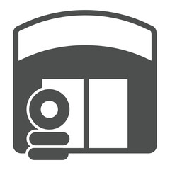 Poster - Garage with used car tires solid icon, repair service concept. Vector graphics. Small warehouse for mechanician, storage sign on white background, glyph style icon for mobile or web design.
