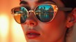 © Caspernik - Dreamy young woman wearing sunglasses reflecting city skyline at dusk