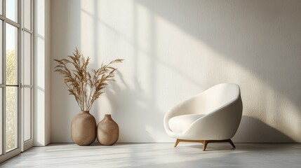 Poster - Sunlight fills a minimalist space, highlighting a soft white armchair beside two beautifully shaped vases and a graceful arrangement of dried plants, creating serene tranquility