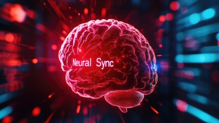Poster - Digital Brain Neural Network Synchronization Technology Concept Futuristic glowing red brain AI
