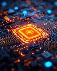 Poster - Illuminated Microchip Close Up Glowing Circuit Board Technology Detail