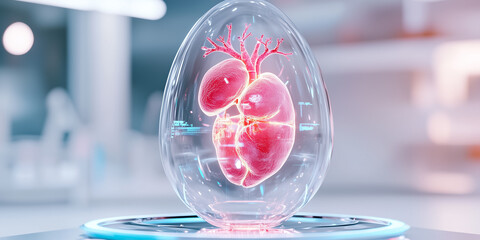 Poster - Heart model presented in transparent egg, glowing with intricate details. High-tech setting with soft lighting for education in medical fields. Concept of biotechnology, healthcare, medical training