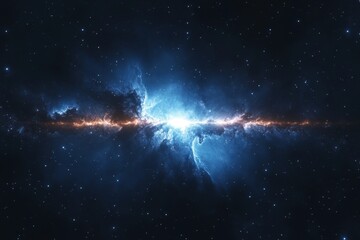 Wall Mural - large panoramic view of a colorful dark blue nebula in space. cosmic background with bright shining 
