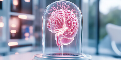 Poster - 3D rendered brain illuminated in glass dome demonstrating advanced neuroscience concepts. Bright laboratory setting with soft lighting and modern decor. Concept of science, research, innovation