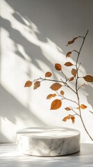 Poster - A delicate branch adorned with warm autumn leaves leans gracefully against a soft wall, creating enchanting shadows on a polished marble pedestal in gentle light