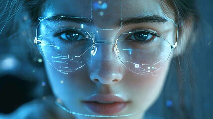 Poster - futuristic woman digital art glasses cyberpunk style blue light technology interface modern abstract