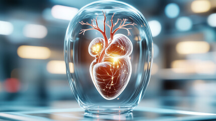 Poster - 3D heart model encased in glass dome with illuminated branches. Modern laboratory setting enhances focus on cardiovascular structure. Concept of medical research, health technology, anatomy