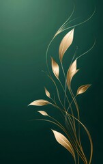 Poster - Golden Leaves Twirl on Dark Green Background Abstract Floral Art Decorative Design