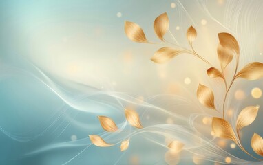 Poster - Golden Leaves and Swirling Lines on Gradient Blue and Beige Background
