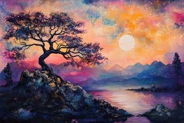 Wall Mural - magical sunset landscape created .
