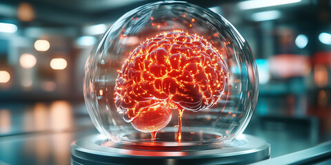 Poster - Futuristic brain model encased in glass dome with glowing neural connections. Laboratory environment with soft lighting and modern design elements. Concept of neuroscience, technology, research