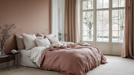 Poster - Nestled in a tranquil setting, this cozy bedroom showcases soft hues and natural light flooding in through large windows, creating a perfect retreat for relaxation and rejuvenation