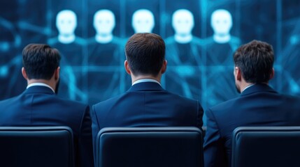 Poster - three businessmen view data analysis screen showing network connections digital profiles business me
