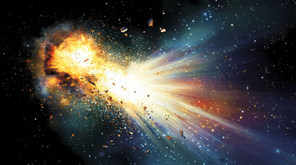 a space explosion showing a spacecraft breaking apart, with debris scattering into the vastness of t