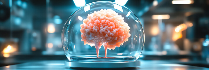 Poster - Brain model displayed under glass dome in a sleek, high-tech laboratory with blue lighting. Concept of neuroscience, education, research institutions