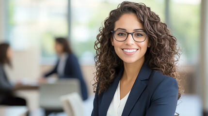 Poster - confident and professional businesswoman with curly hair and glasses smiles warmly in modern office environment, showcasing her approachable demeanor and readiness for collaboration
