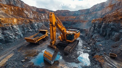Leinwandbilder - Excavator operates in a deep quarry, moving minerals into a dump truck while surrounded by steep rocky walls. Cloudy weather casts a somber light over the excavation site.