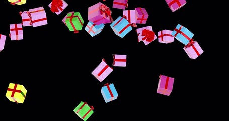 Poster - colored gift boxes falling down. 3d animation on transparent background