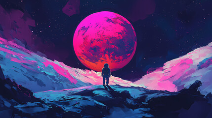 Wall Mural - a lonesome astronaut standing on the moon gazing back to a vibrant planet in the dark expanse of spa