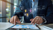 © Art of Life - A corporate executive�s hands navigating through an augmented digital marketing strategy map with paid ad campaign performance and organic reach statistics.