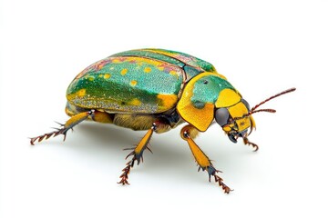 detailed close-up of vibrant green and yellow beetle on white background