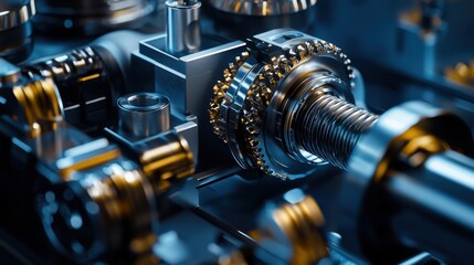 Poster - Intricate machinery showcases various mechanical parts designed for efficiency, featuring blue tones and metallic details in a manufacturing environment, emphasizing advanced technology