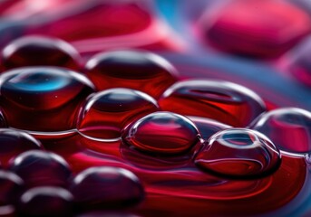 Poster - Close-up of vibrant red and blue water droplets on a smooth surface
