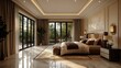 © Lamina - Sliding glass door with bronze frame, velvet curtains, marble floor, creates refined, calm atmosphere in luxury hotel-style master bedroom