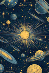 Poster - Bright sun shining over planets and stars in the dark space