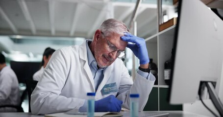 Poster - Scientist, man and computer at laboratory with headache, stress and mistake with sample in pharmaceutical study. Mature person, migraine and frustrated with medical research, insight and burnout