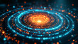 © ArtSync Studio - Dynamic spiral of orange and blue light patterns in a futuristic digital space environment