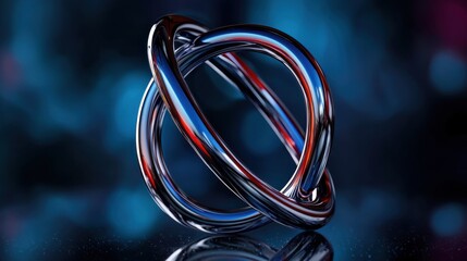 Poster - A colorful, intertwined metallic sculpture stands prominently on a reflective surface, showcasing intricate design elements while illuminated by soft lighting in an artistic environment