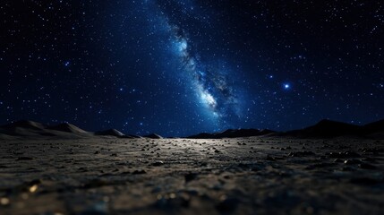 Wall Mural - A breathtaking night sky showcases the Milky Way galaxy illuminated by countless stars above a barren, rocky terrain under moonlight. The view captivates with its vastness and beauty