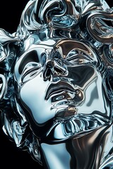 Poster - Reflective Chrome Sculpture of a Woman's Face: Abstract Digital Art