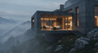 © Nedrofly - Luxurious house features a modern design, large windows, and stunning mountain views. The twilight sky creates a tranquil atmosphere amidst the surrounding mist and hills