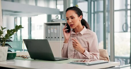 Poster - Business woman, phone call and laptop in office for networking, schedule and administration. Research, update or female administrator talking on mobile for planning agenda, communication and calendar