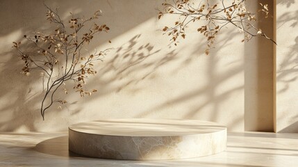 Poster - A circular stone platform rests on a polished floor, illuminated softly by sunlight. Delicate branches with dried leaves extend gracefully against a muted wall, creating an enchanting atmosphere