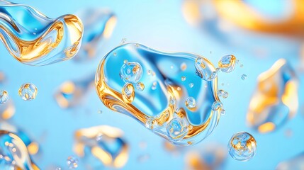 Poster - Abstract Liquid Spheres with Golden Accents on Soft Blue Background Creating a Three Dimensional Modern Artistic