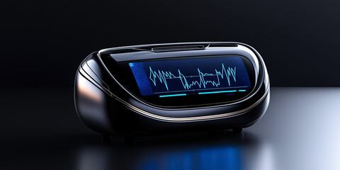 Poster - Futuristic device showcasing vibrant audio waveform on digital screen. Elegant design features glossy surface and modern aesthetics. Concept of technology, sound design, innovation