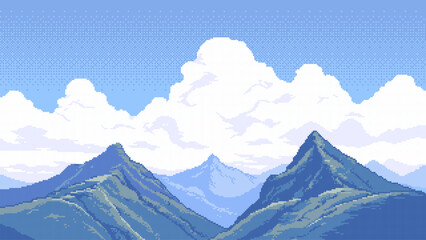 Aufkleber - 8-bit pixel art retro game level background. 2D platformer video game. side view of a fantasy world. high mountain landscape. simple 2D vector graphics.