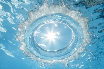 Aufkleber - Perfect bubble ring rising through clear water symbolizing calmness, purity, fluid motion and underwater harmony in a blue environment, Generative AI