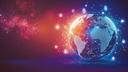 Aufkleber - Digital earth with interconnected tech icons and glowing network links symbolizing global communication and modern digital systems, Generative AI