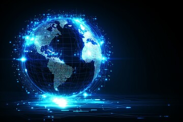 Aufkleber - Digital globe made of data points and grids glowing in blue representing future technology and worldwide data communication, Generative AI