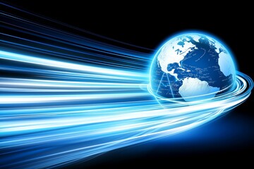 Fototapete - Glowing blue digital globe with virtual grid and technology lines symbolizing global connectivity, data networks and modern communication, Generative AI