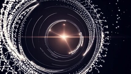 Poster - Luminous particles rotating rapidly around central light source, generating circular motion against dark cosmic backdrop with abstract, futuristic energy visualization
